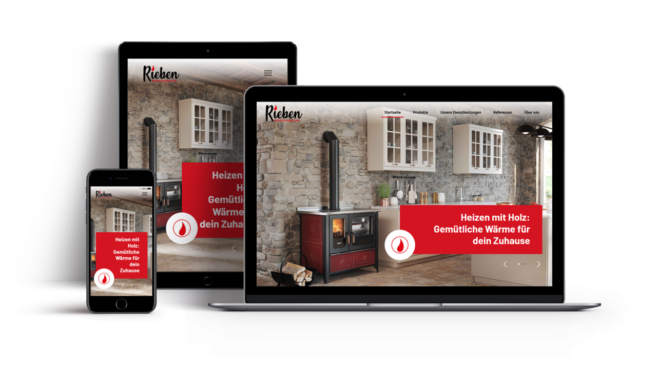 Rieben Ofen showcase Rieben Ofen showcase Ansicht Startseite auf Laptop Handy und Ipad